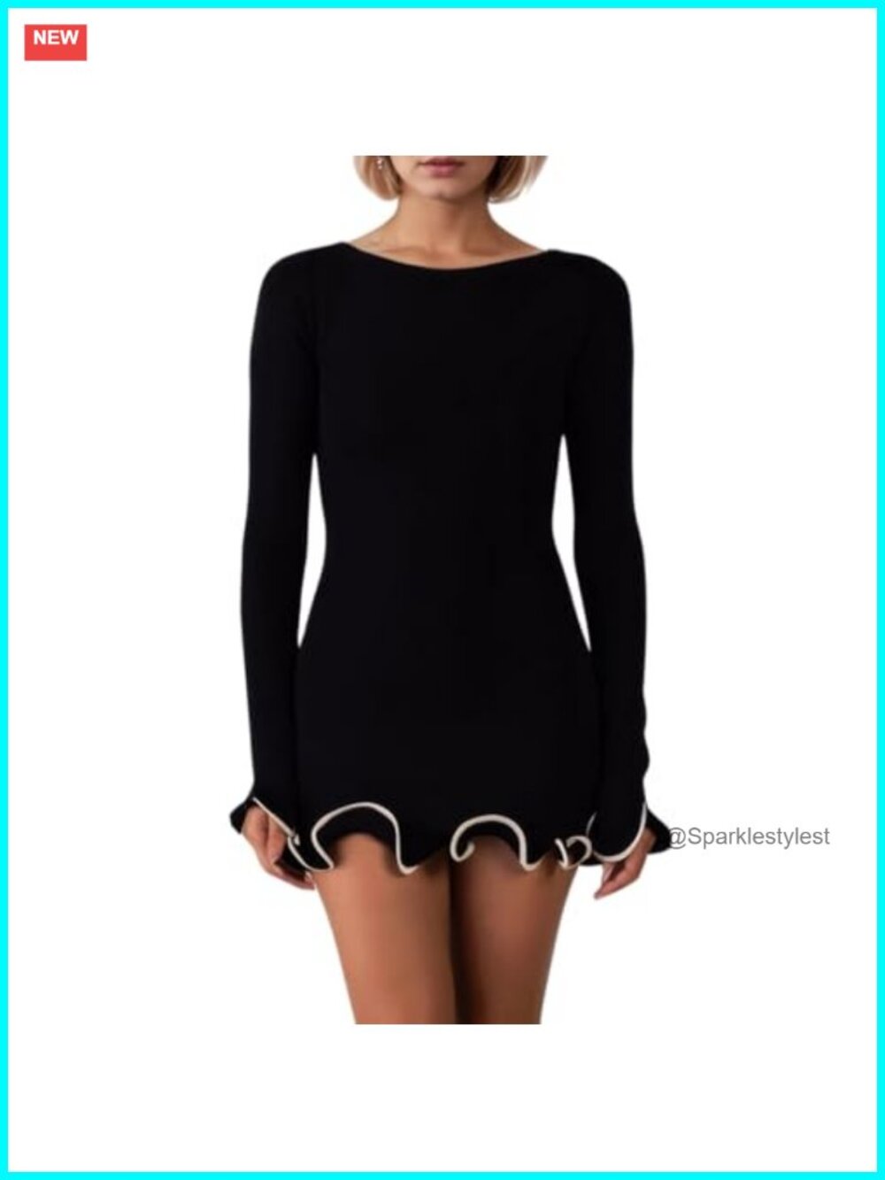 Women Knit Bodycon Mini Dress Ruffle Hem Contrast Trim Long Sleeve Fall